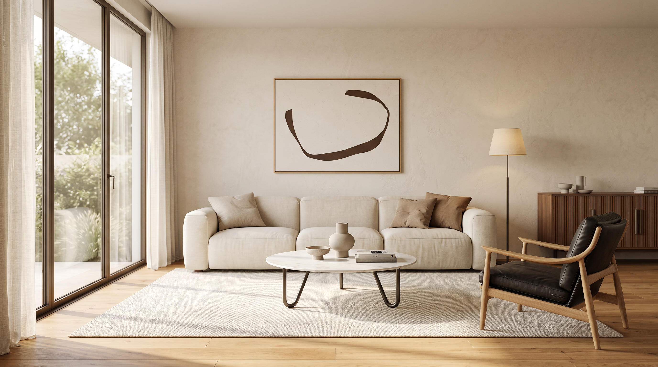 Synthetic design reference: cream sofa, round table and black leather chair in a living room with a glazed window on the left.